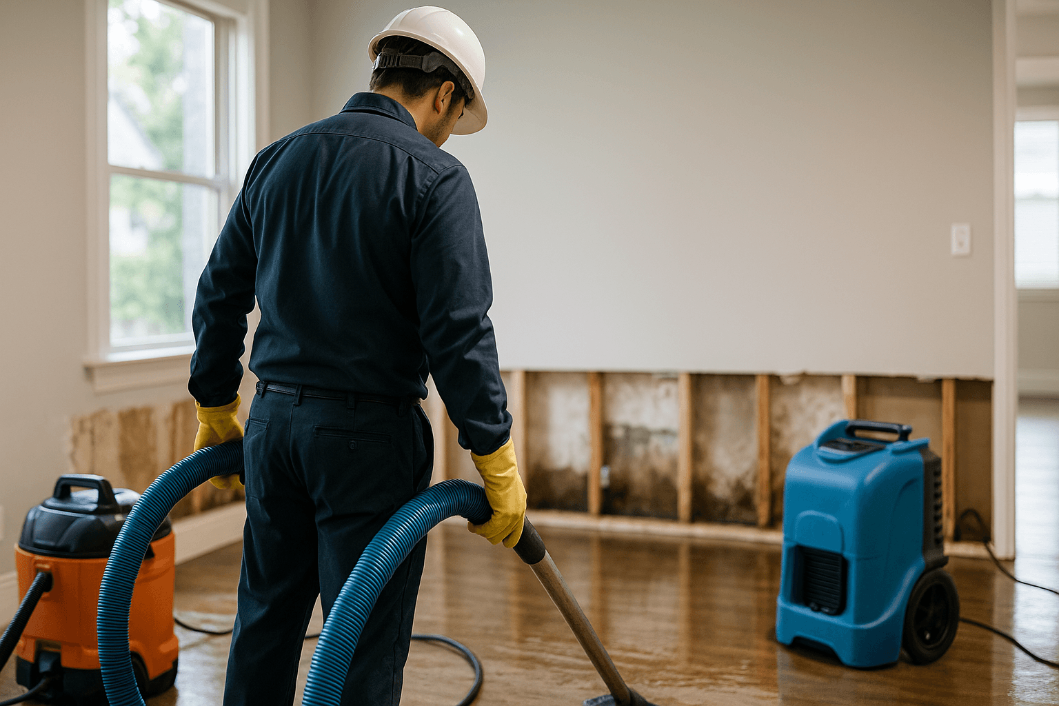 Professional water damage restoration crew drying a flooded Seattle home interior